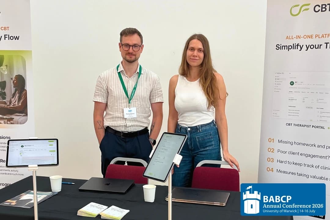 Rūta and Paul at the CBT Flow stand during the BABCP Annual Conference 2026