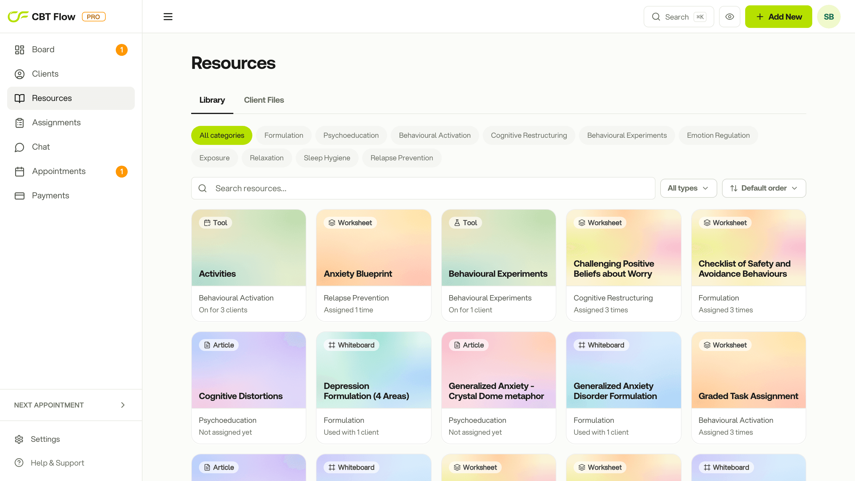 The Resources library in CBT Flow: worksheets, whiteboards, articles and tools as cover cards