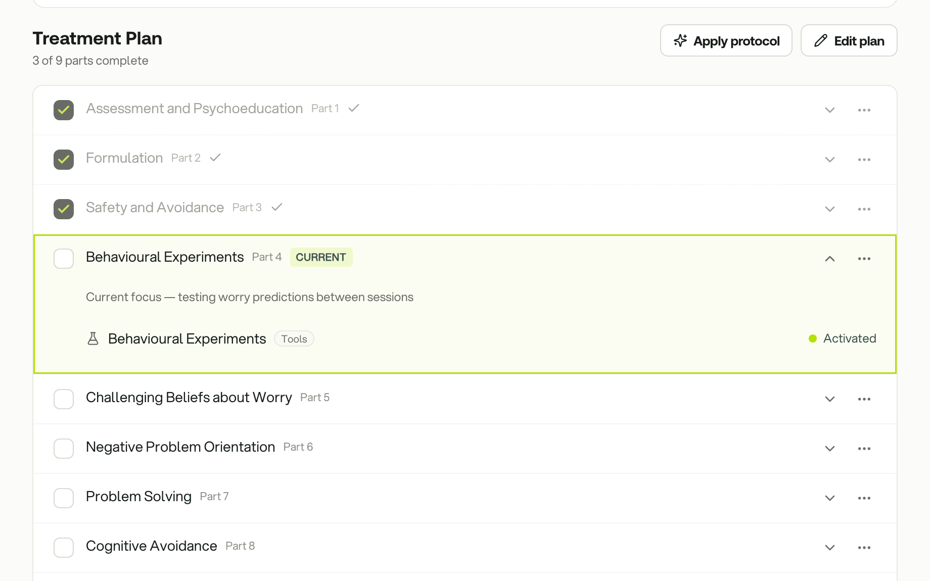 The Treatment Plan on a client profile: nine parts, three complete, the current part open with its note and tool
