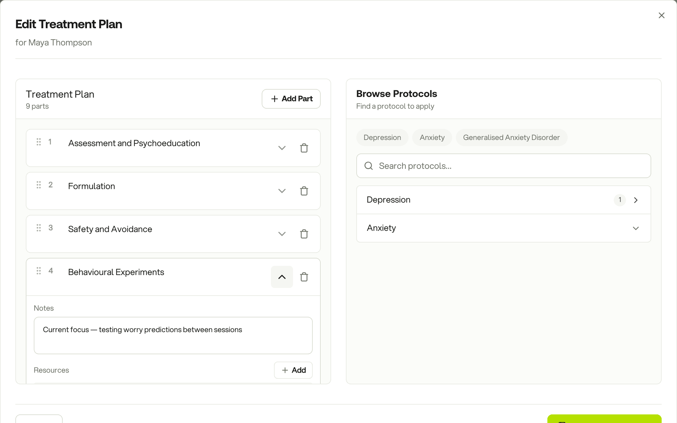 Editing a Treatment Plan: a part open with its note and resources, protocols to browse alongside