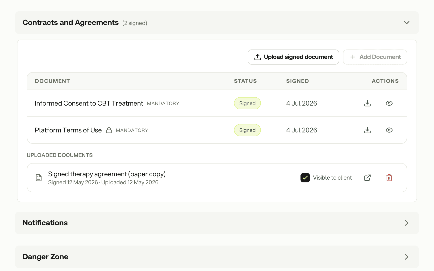 Contracts and agreements on a client profile: two signed documents with their dates and an uploaded paper copy