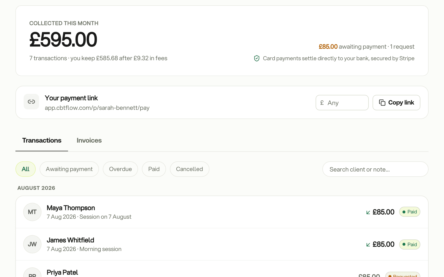 The Payments page: collected this month, the payment link and recent transactions