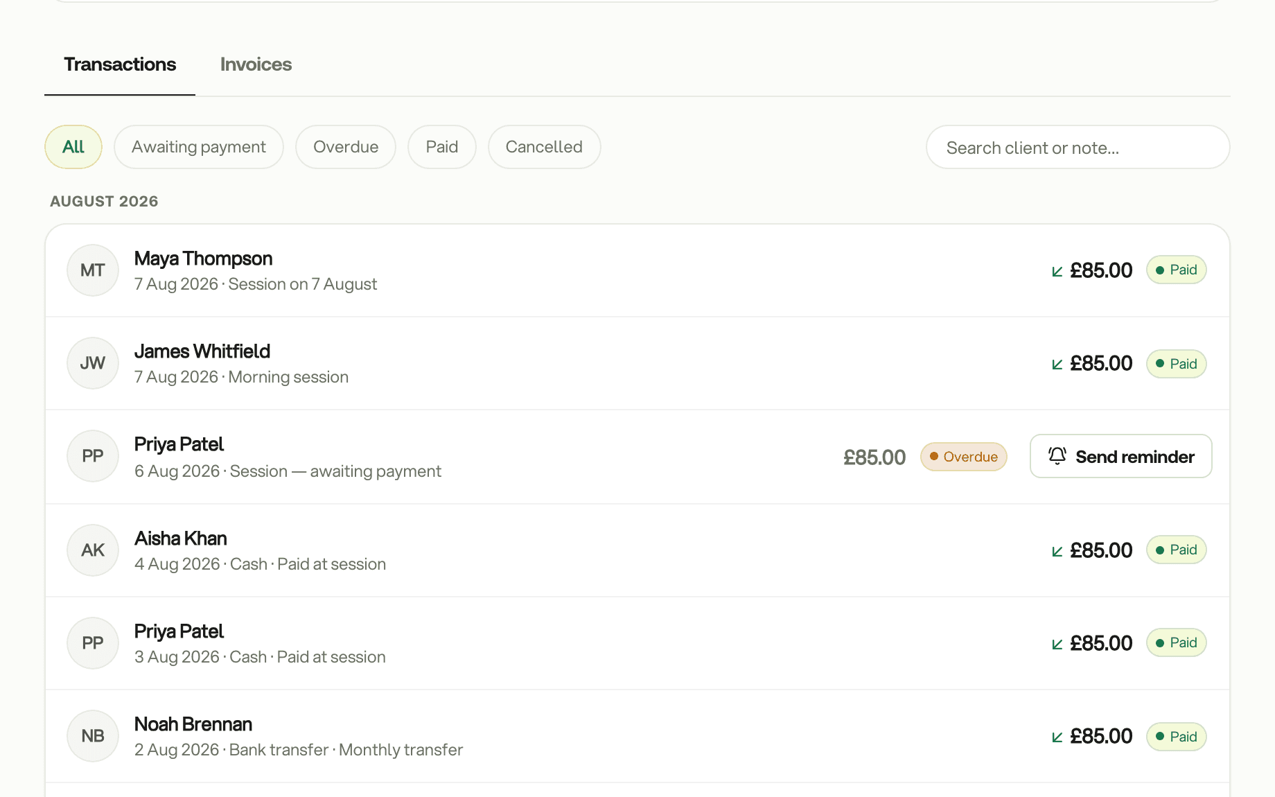 Transactions with one overdue request and its Send reminder button