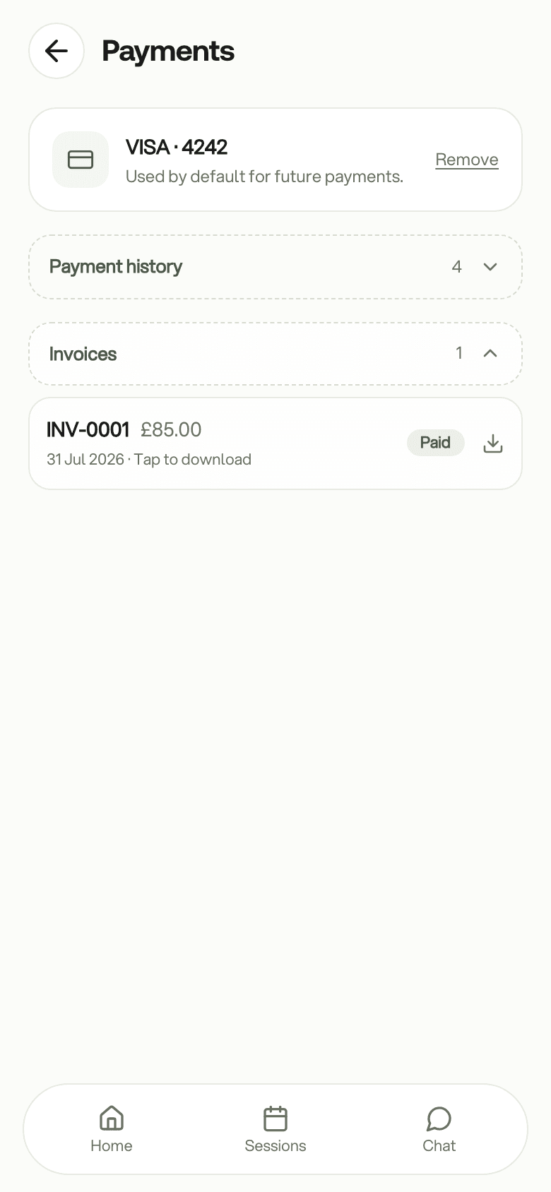 Payments in the client app: the saved card, payment history and an invoice to download