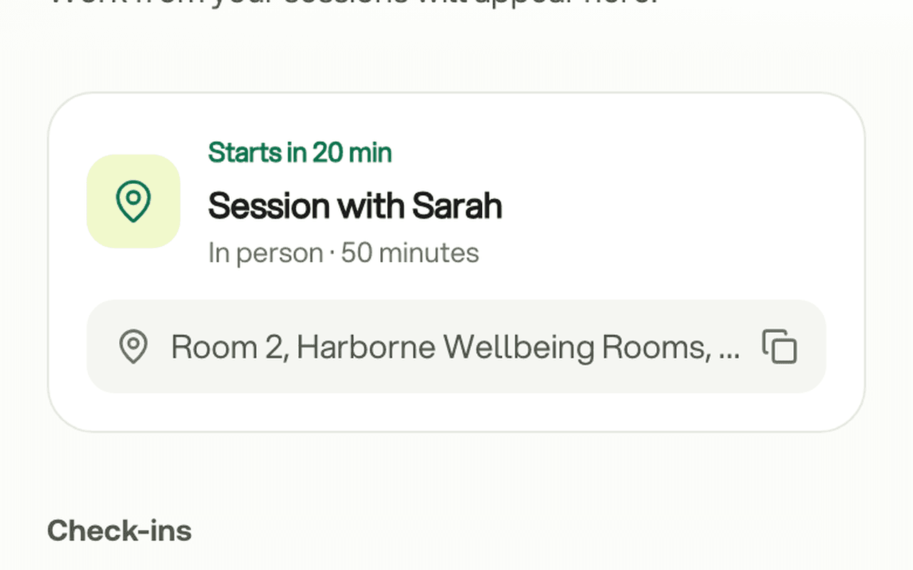 The client app Home: the next session and check-ins