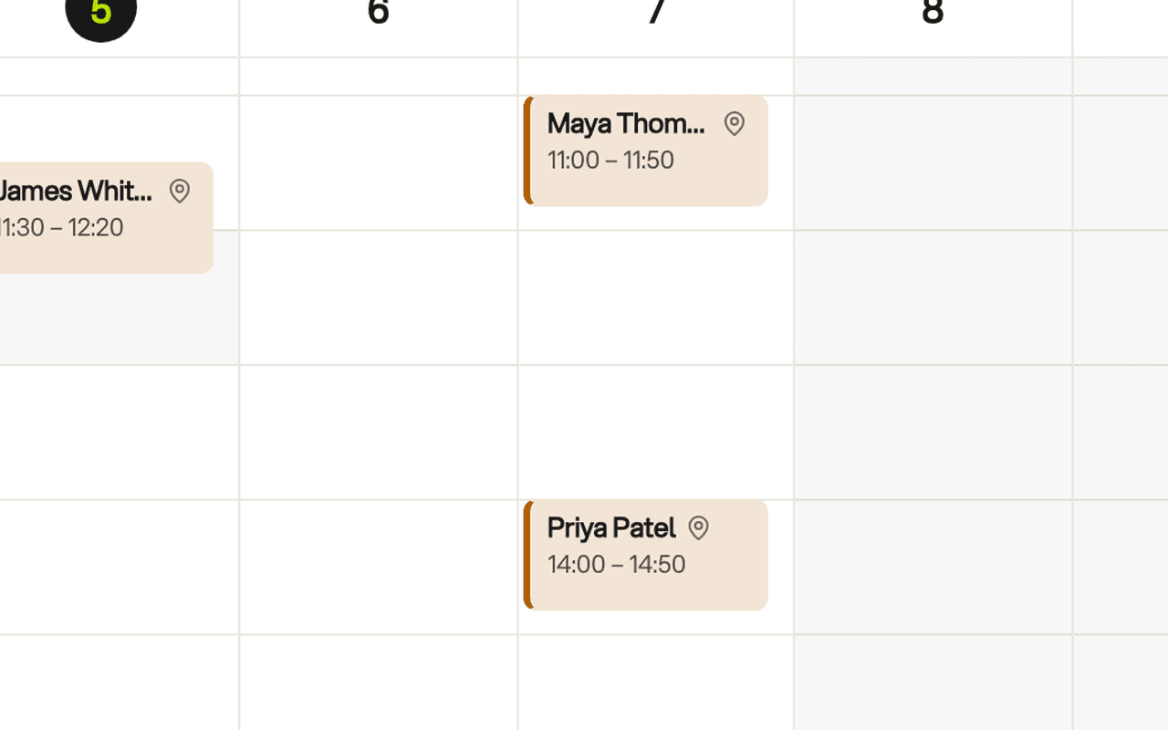 Sessions on the week calendar