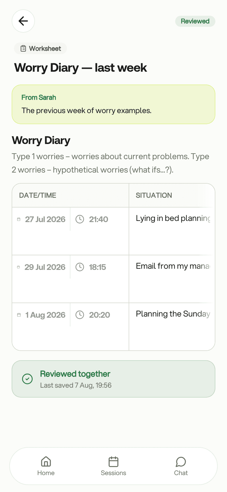 A completed worry diary in the client app: three entries, reviewed together with the therapist