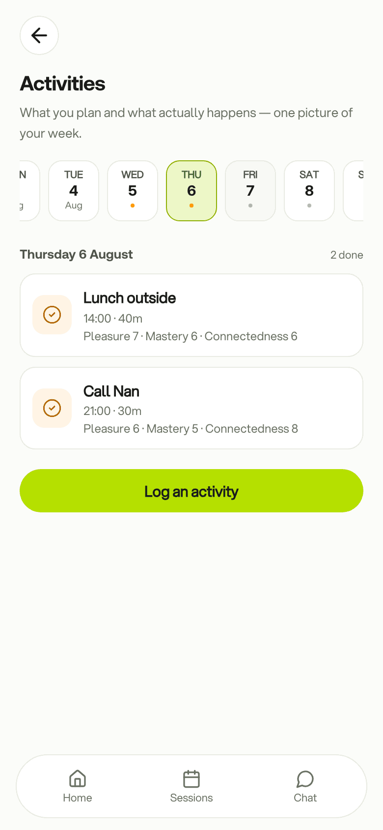 The Activities tool in the client app: a day with two logged activities and their pleasure, mastery and connectedness ratings