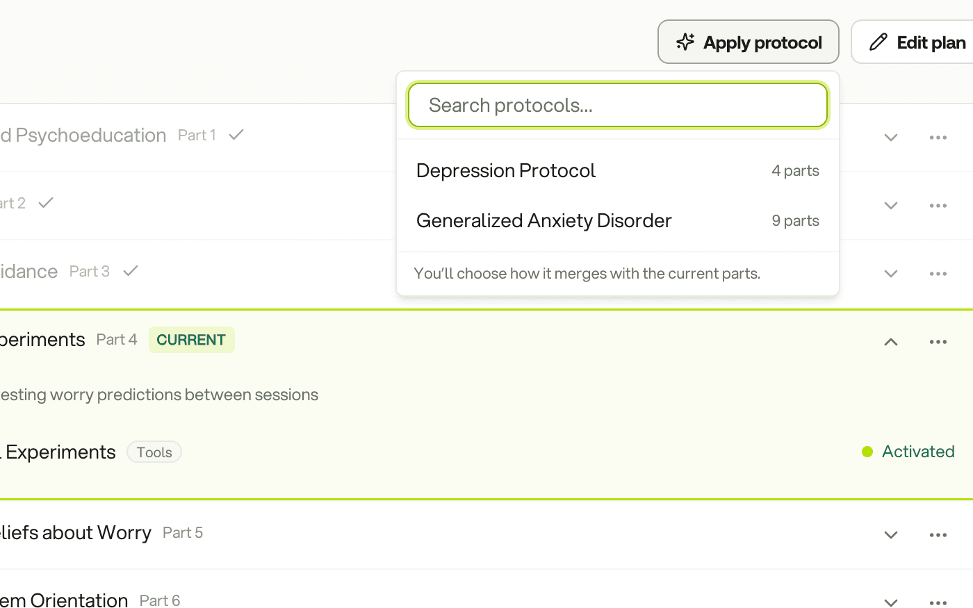 Apply protocol on a Treatment Plan: choose Depression or Generalised Anxiety Disorder and how it merges with the current parts