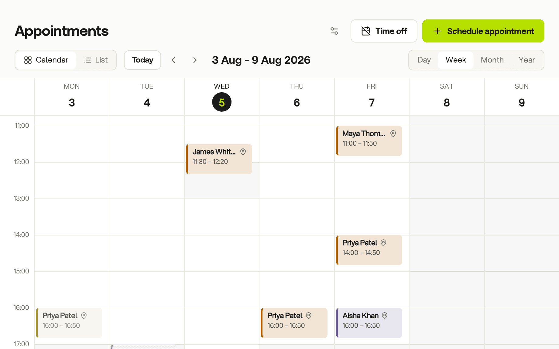 Week view of the CBT Flow calendar with sessions across the working week