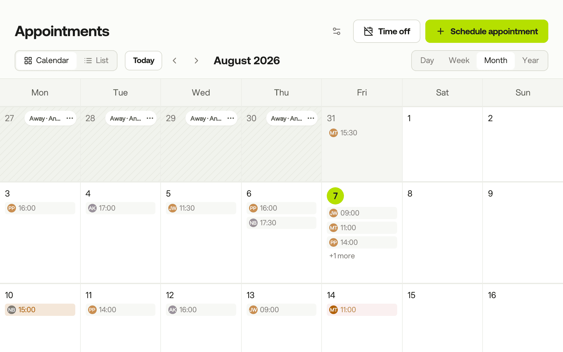 Month view of the calendar with a week marked Away and sessions on the other days