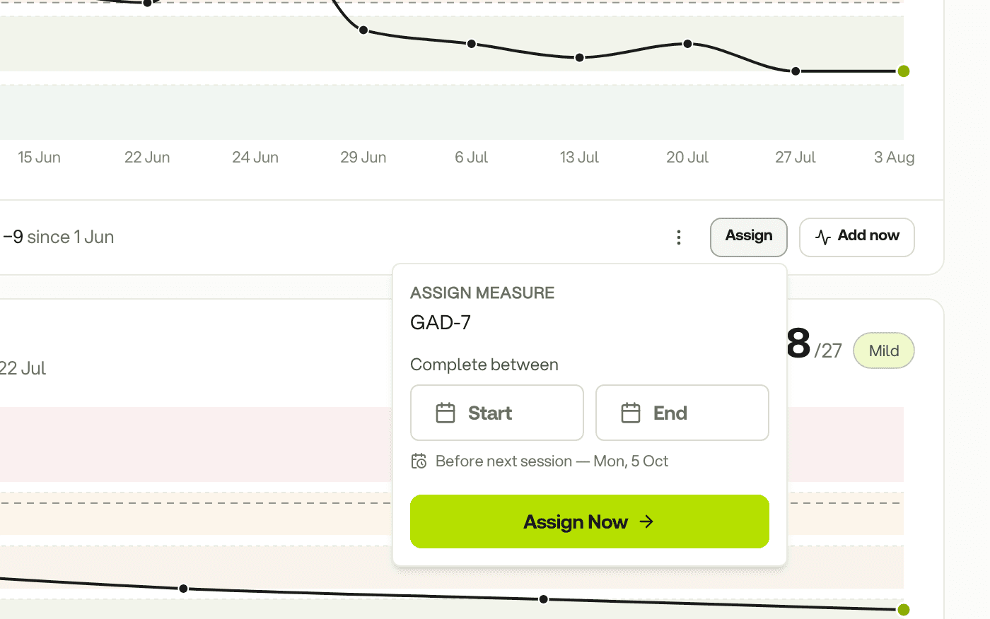 Assigning a GAD-7: complete between two dates, or before the next session
