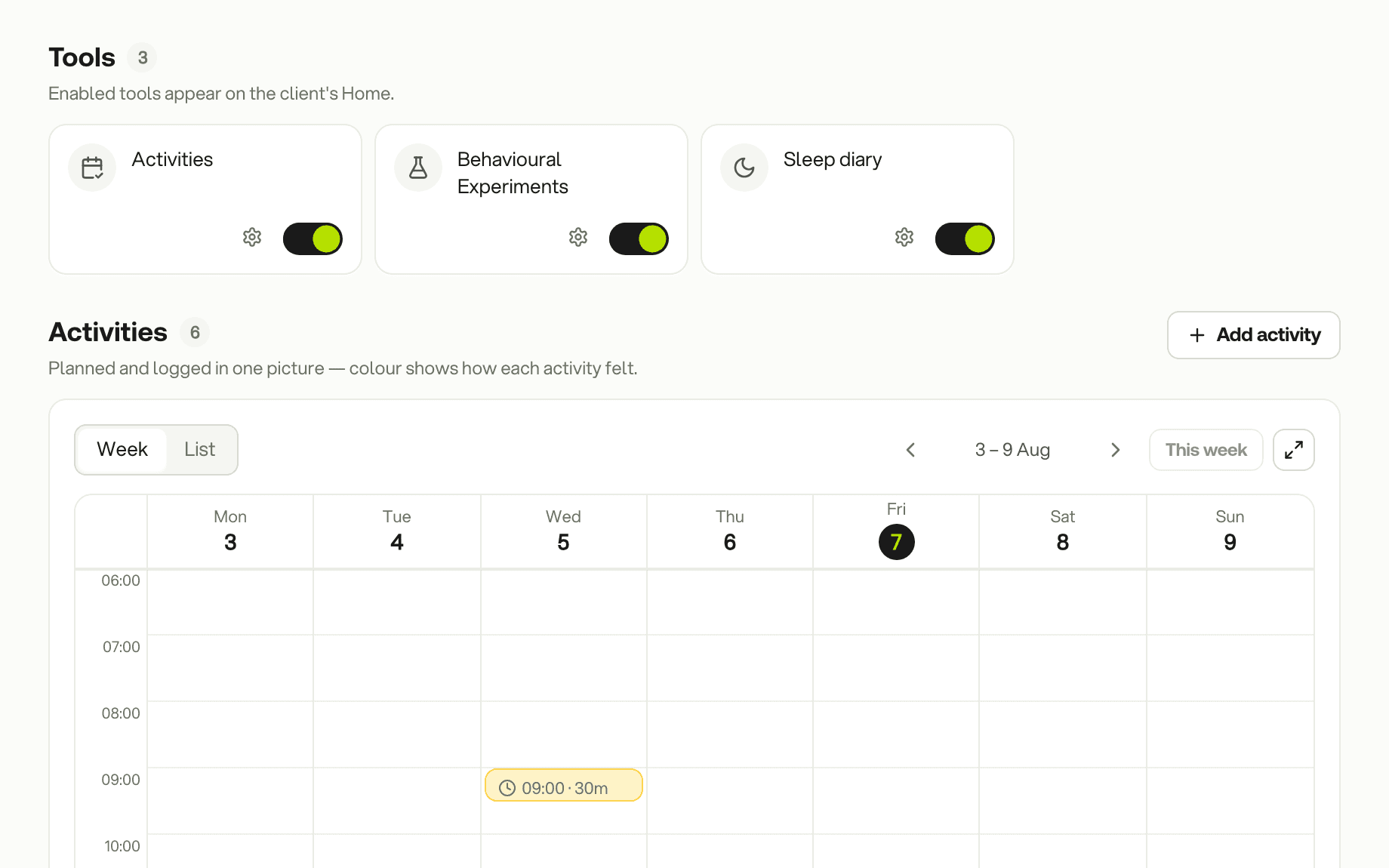 Tools on a client profile: switches for Activities, Behavioural Experiments and the Sleep diary