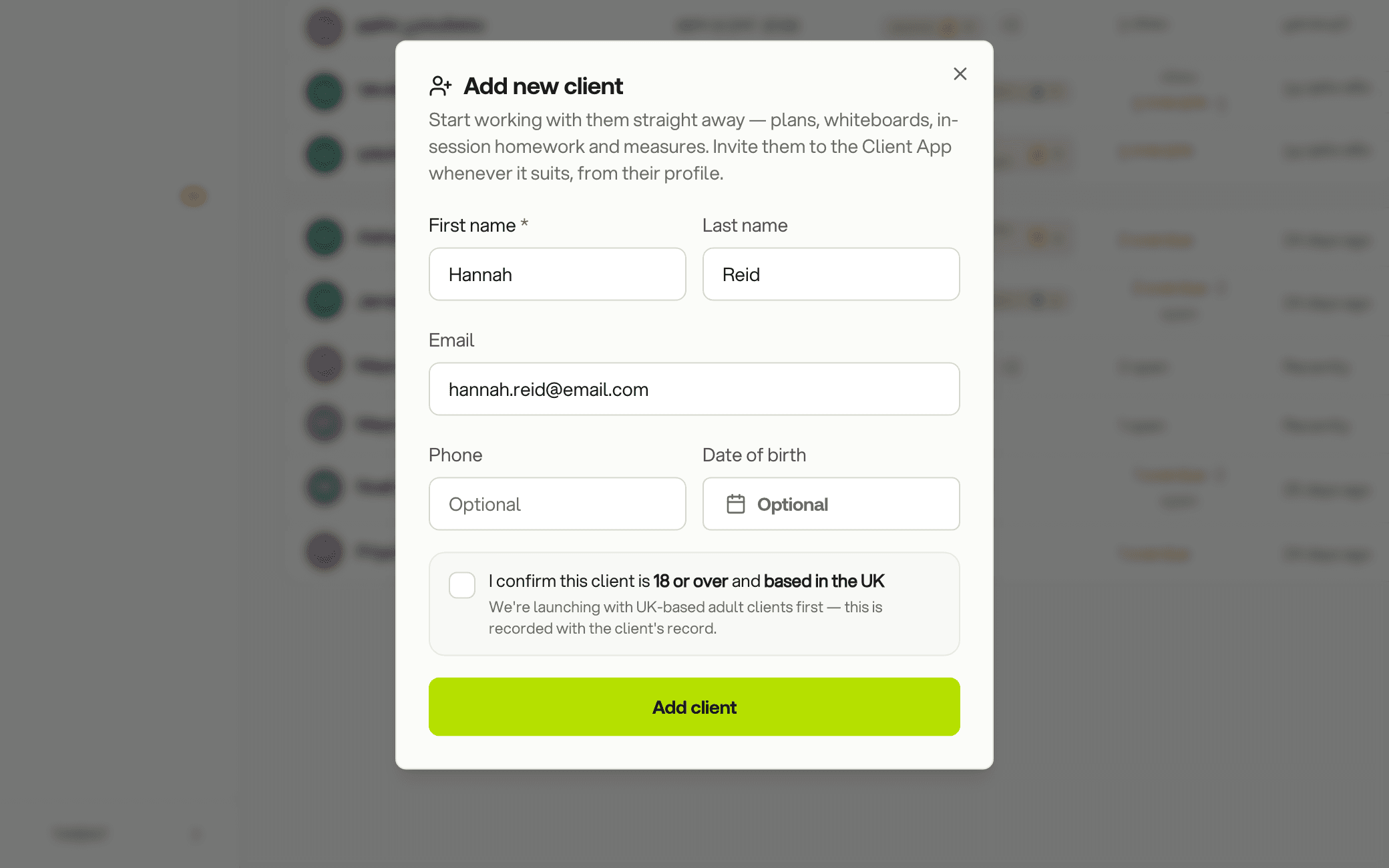 Adding a client: first name, last name and email, with phone and date of birth optional
