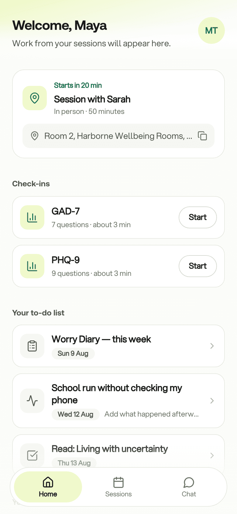 The client app Home on a phone: the next session, two check-ins and this week's to-do list
