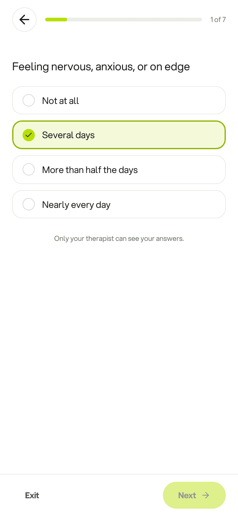 A check-in question in the client app with one answer selected