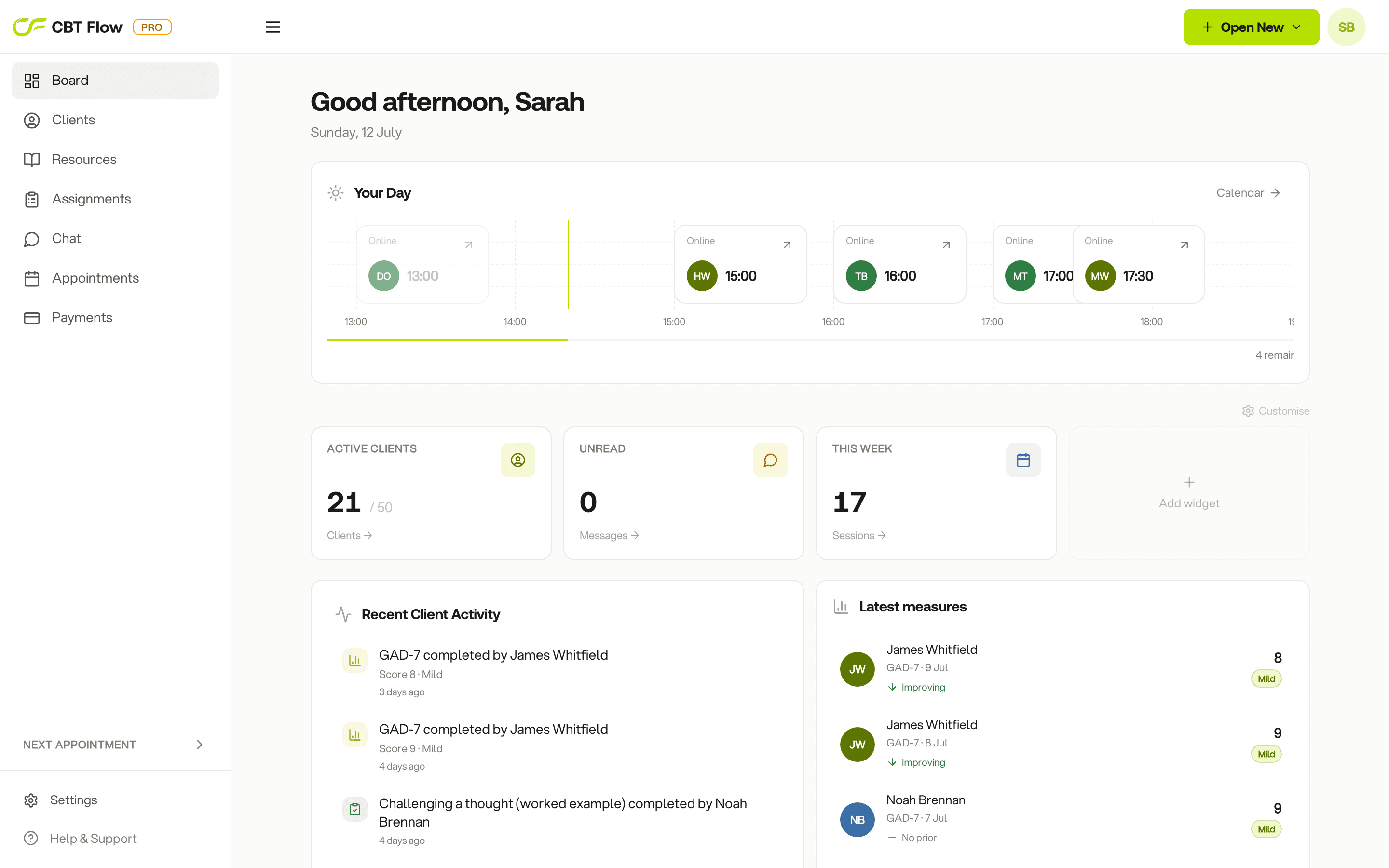 CBT Flow Board — today's sessions, returned work and the Alerts box