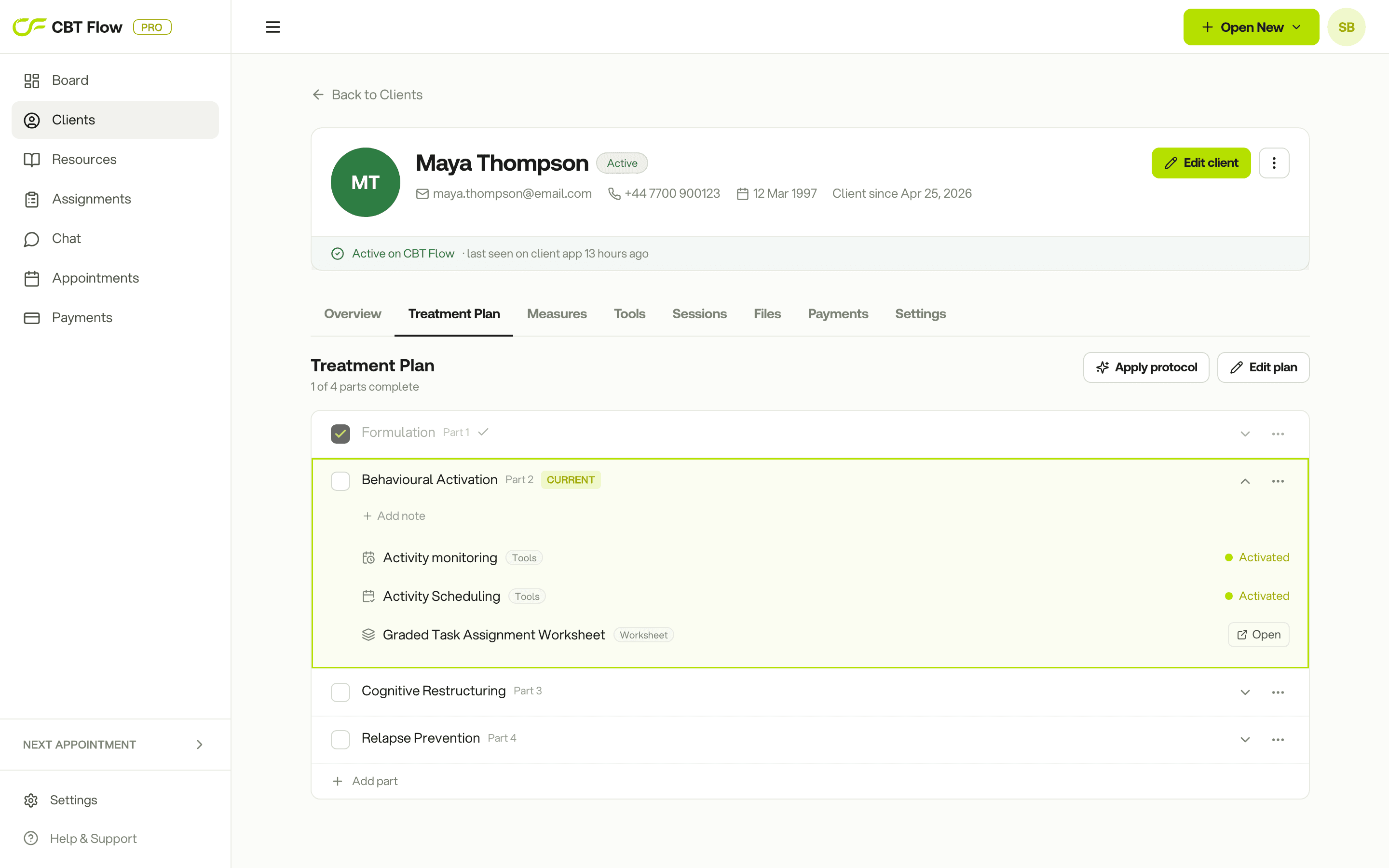 Treatment plan tab — parts, progress and notes on a client profile