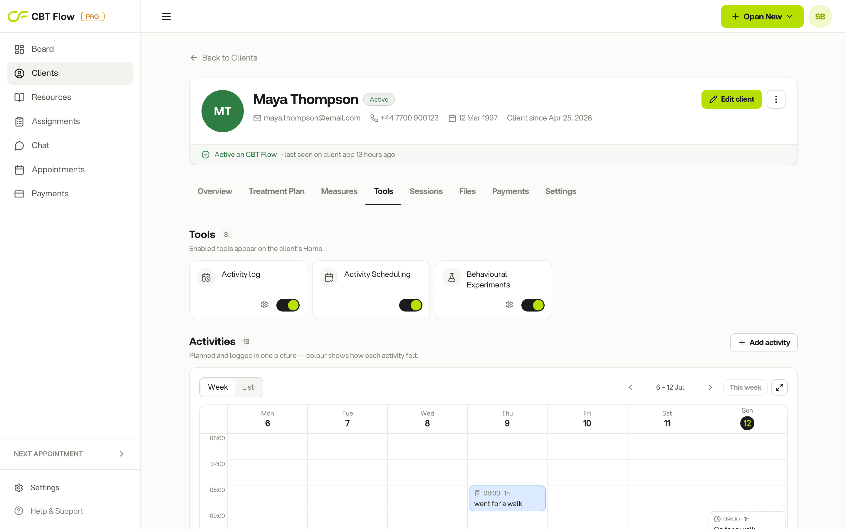Per-client tools — activating Activities and Behavioural Experiments