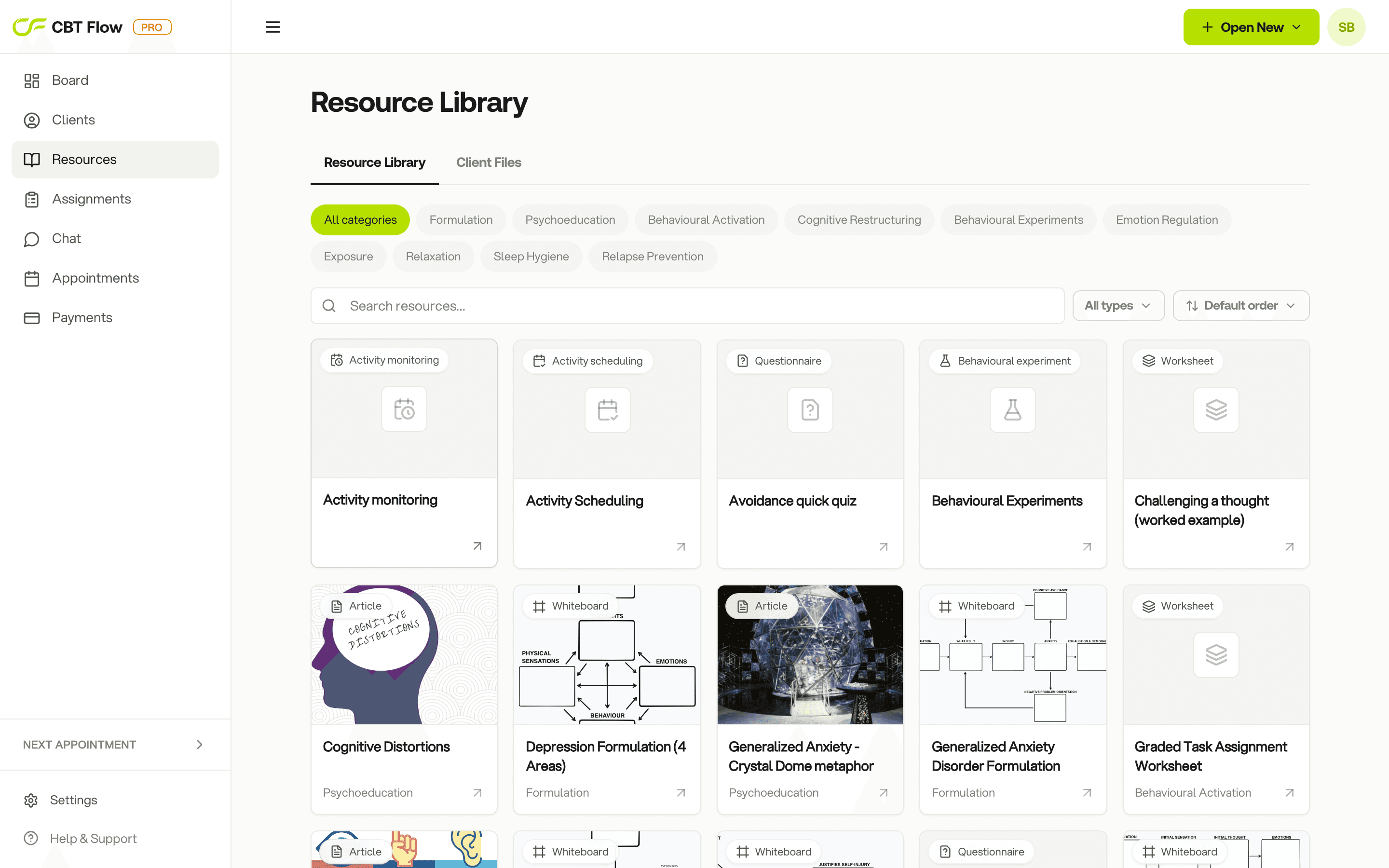 The CBT Flow resource library organised by clinical purpose