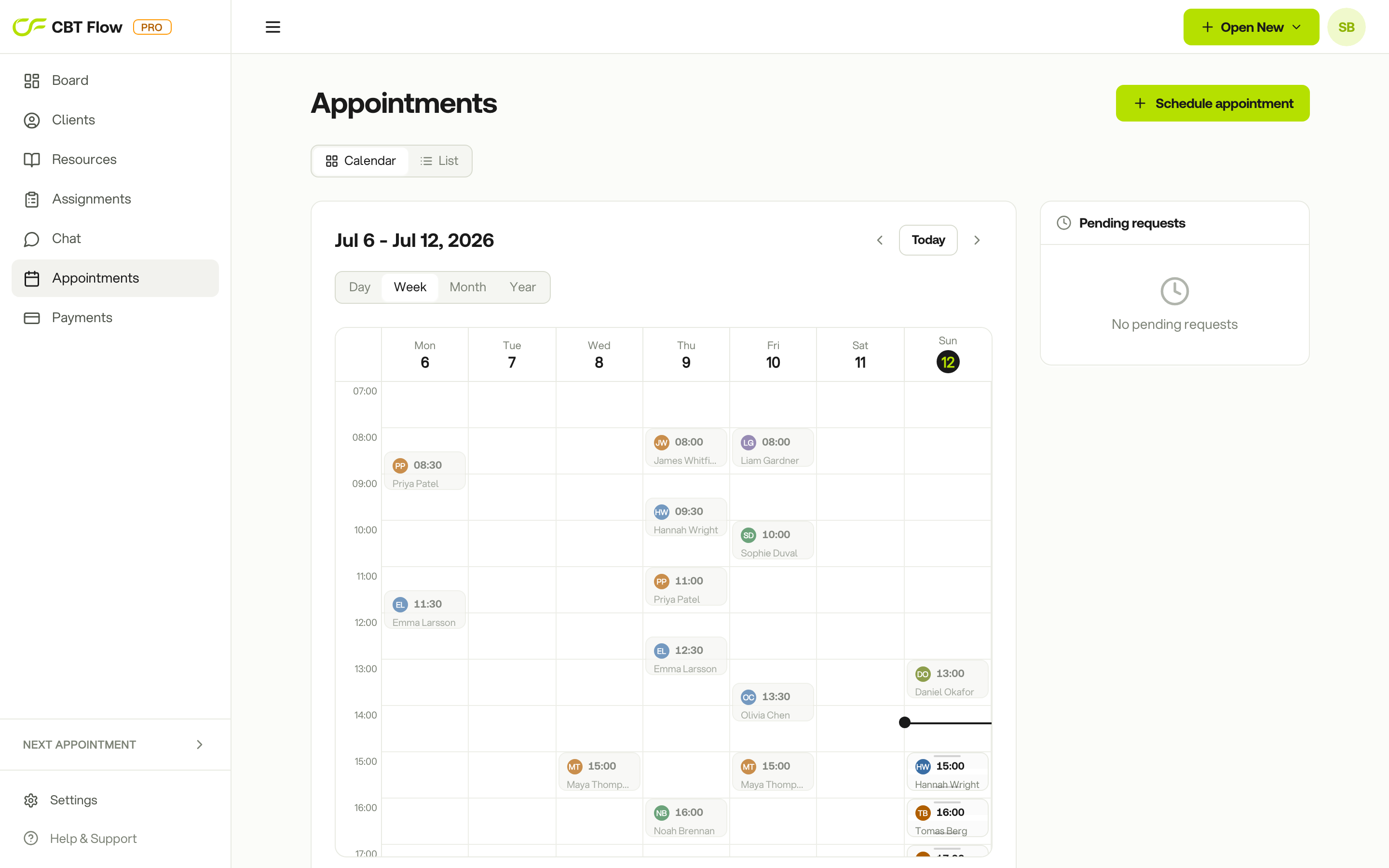 Week view of a therapy calendar in CBT Flow