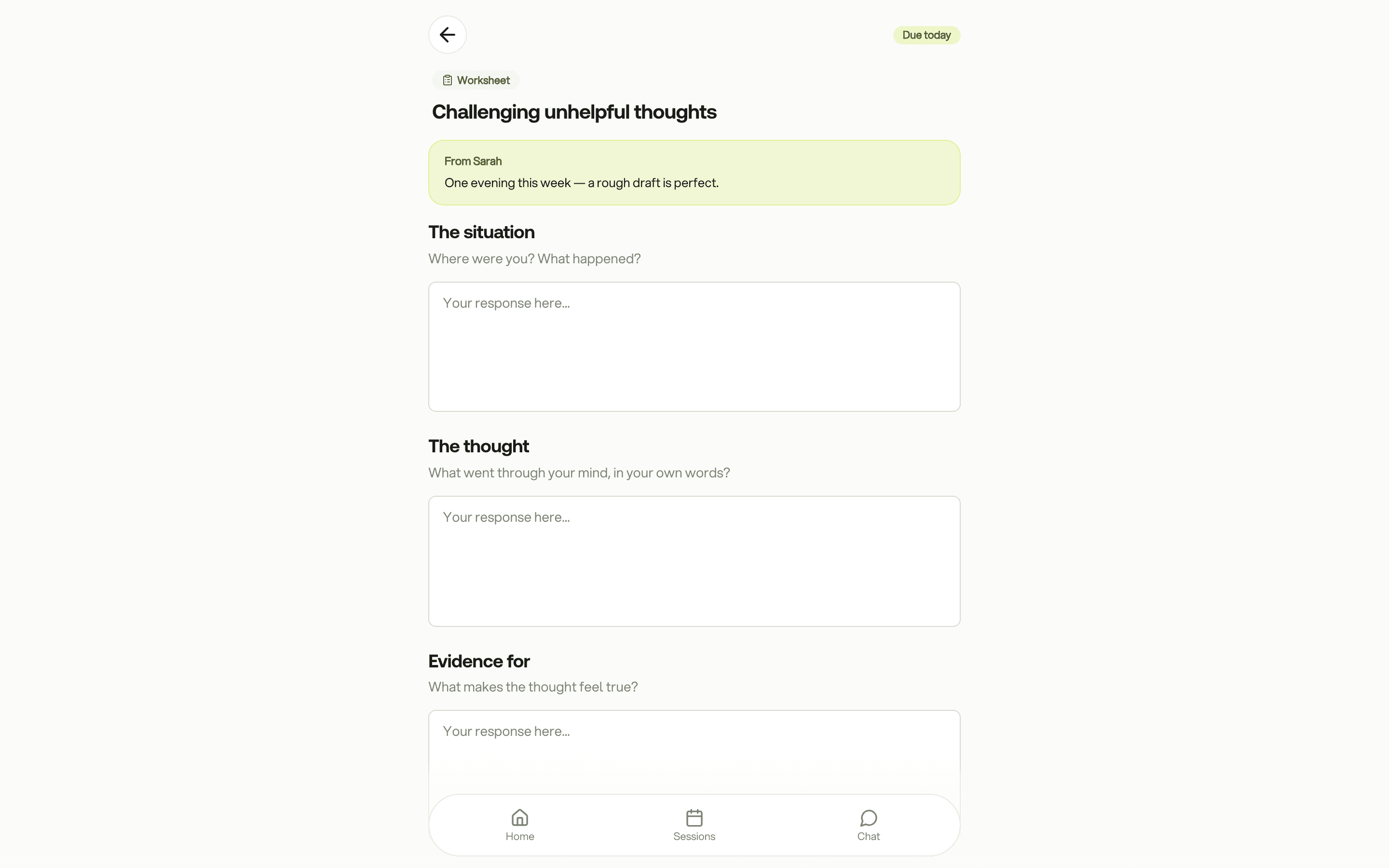 A worksheet being completed in the client app