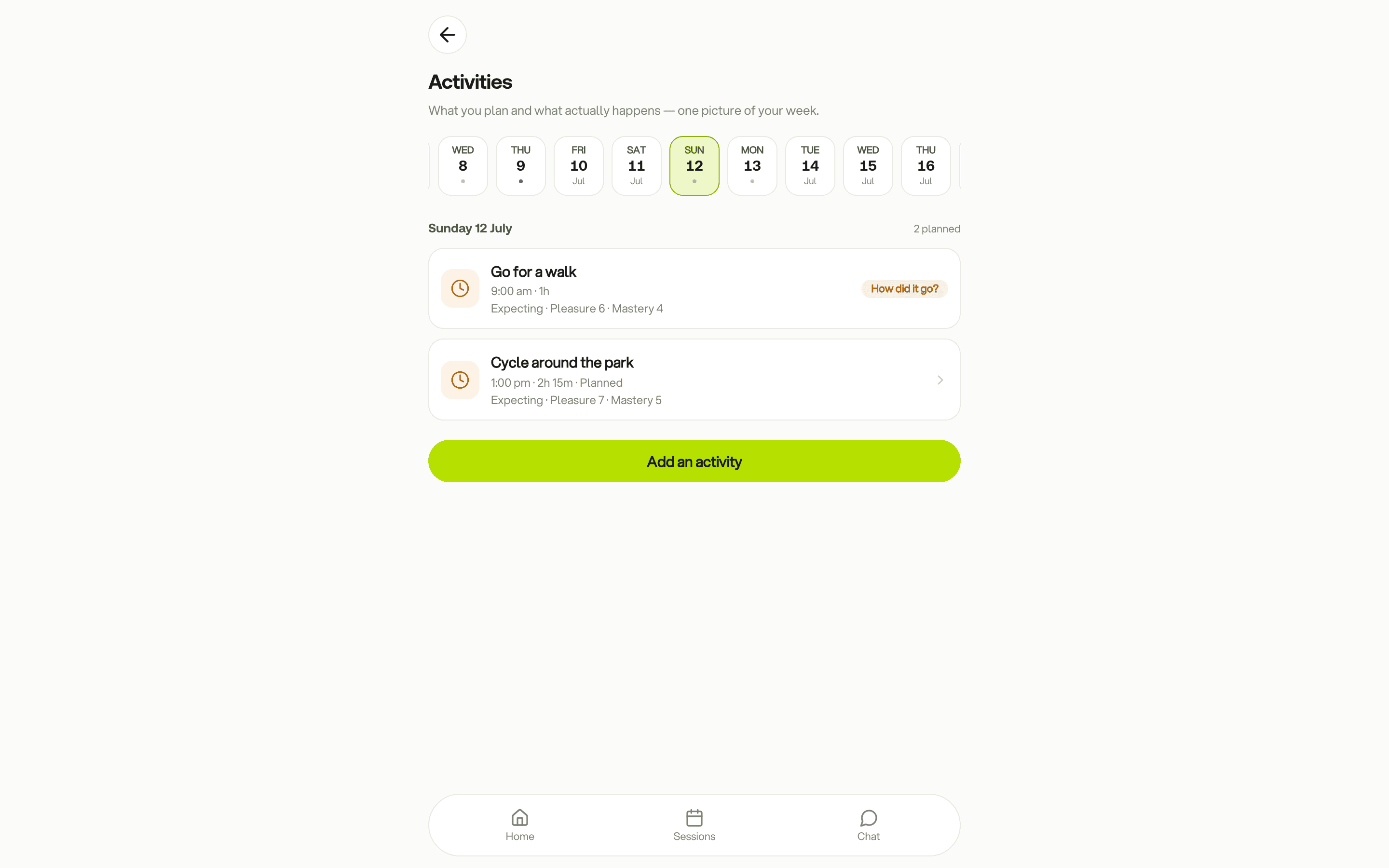 The Activities tool in the client app — planning with pleasure and mastery ratings